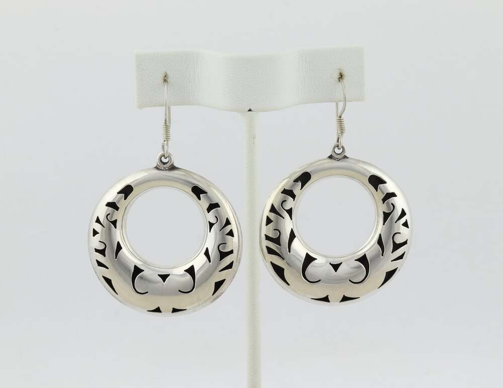 Sterling Silver Filigree Open Work Circle Earrings Dangle Drop Mexico 2 1/4"